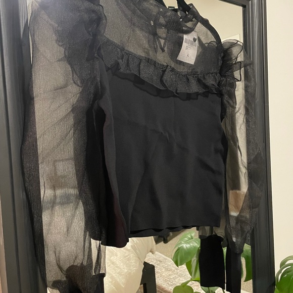 NEW Black Forever21 Mesh Lantern Sleeve Blouse - Picture 8 of 10